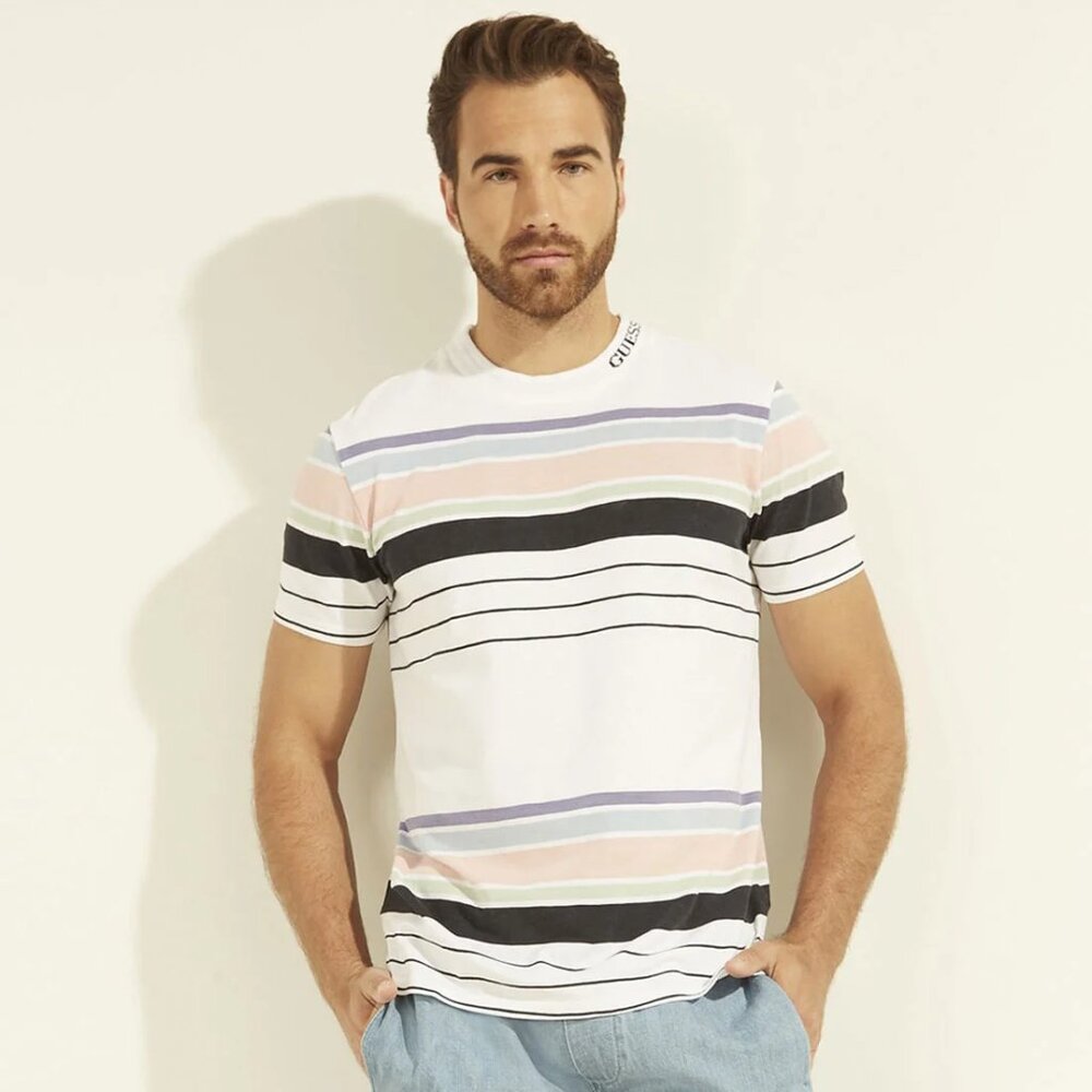 NWT Men's GUESS Eli Canal Stripe Washed Crew Neck Tee - Logo Neck - Size Small